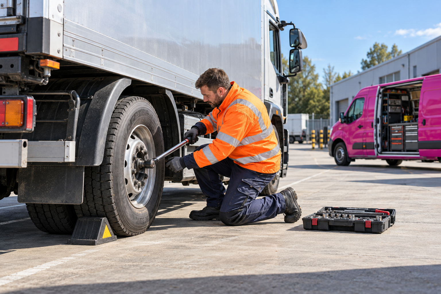 Technician working beside a silver commercial truck’s rear twin wheel at a depot with a magenta service van